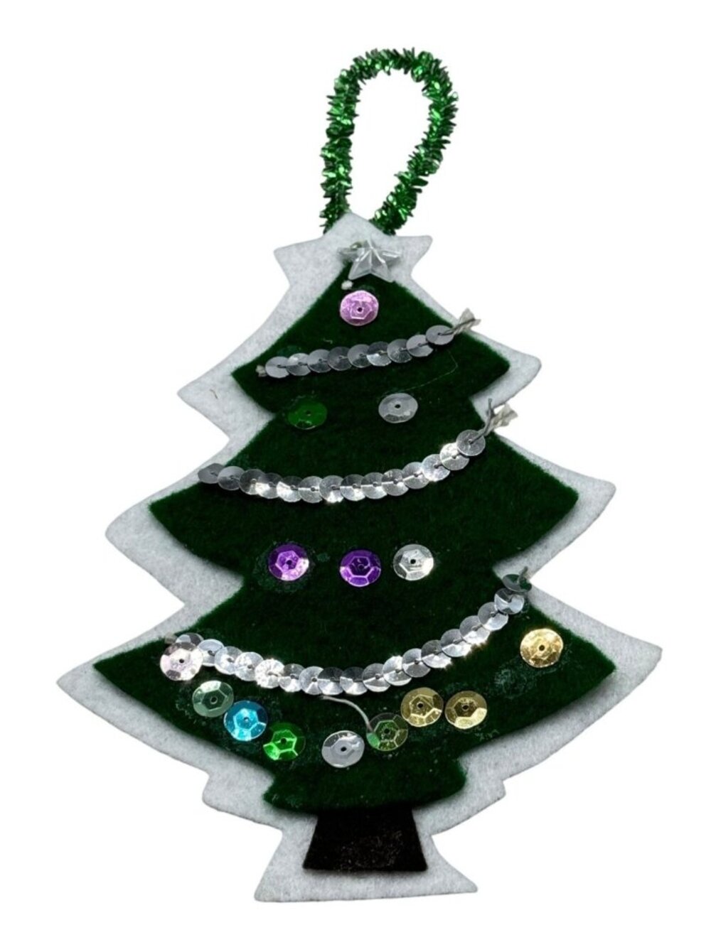 Handmade felt sequin tree ornament green white 8" READ